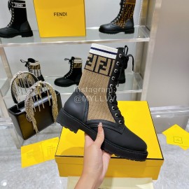 Fendi Fashion Leather Knitted Lace Up Martin Boots For Women Coffee