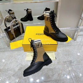 Fendi Fashion Leather Knitted Lace Up Martin Boots For Women Coffee