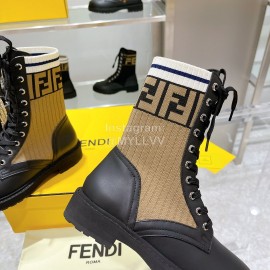 Fendi Fashion Leather Knitted Lace Up Martin Boots For Women Coffee