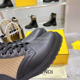 Fendi Fashion Leather Knitted Lace Up Martin Boots For Women Coffee