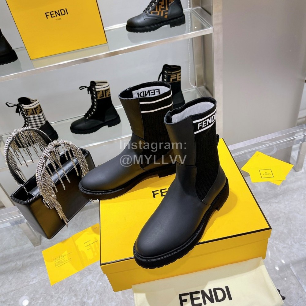 Fendi Fashion Leather Knitted Martin Boots For Women Black