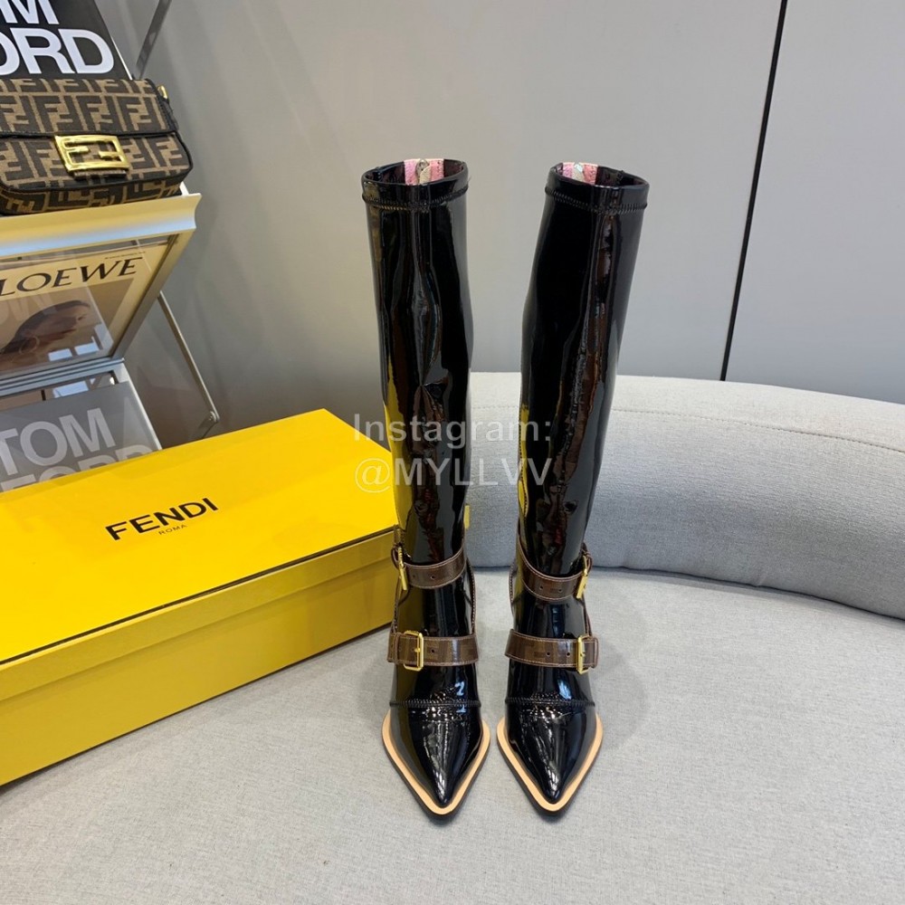 Fendi Patent Leather High Heeled Long Boots For Women Black