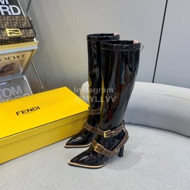 Fendi Patent Leather High Heeled Long Boots For Women Black