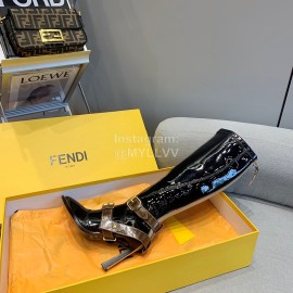 Fendi Patent Leather High Heeled Long Boots For Women Black