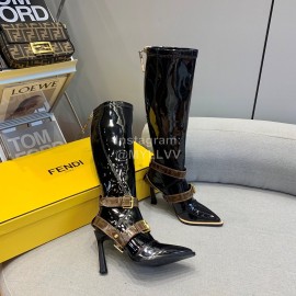 Fendi Patent Leather High Heeled Long Boots For Women Black