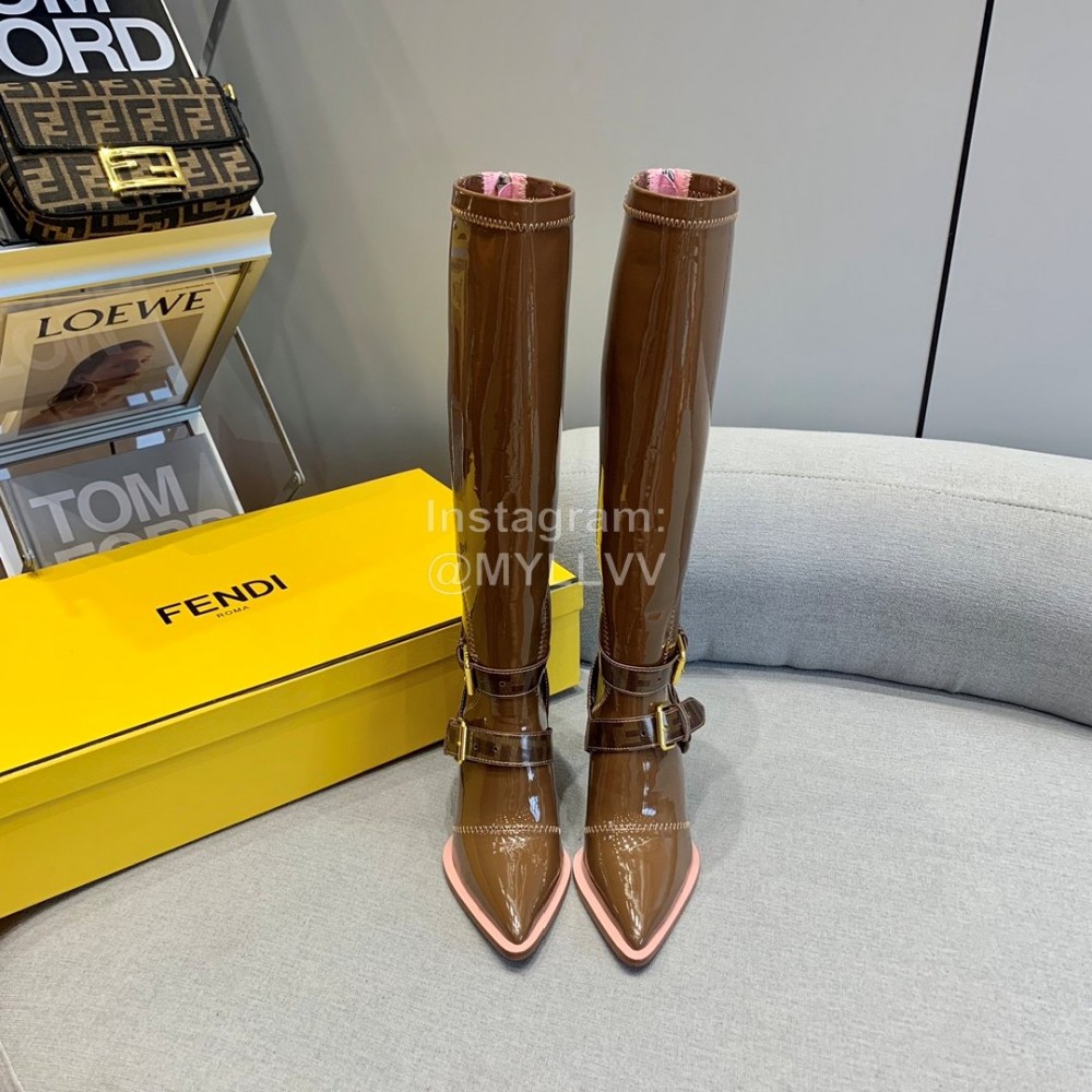 Fendi Patent Leather High Heeled Long Boots For Women Brown