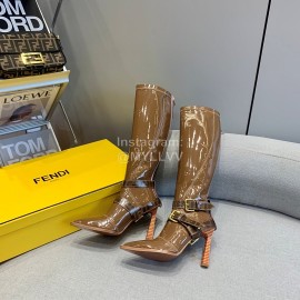 Fendi Patent Leather High Heeled Long Boots For Women Brown