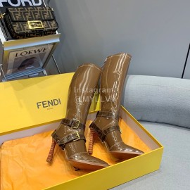 Fendi Patent Leather High Heeled Long Boots For Women Brown