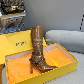 Fendi Patent Leather High Heeled Long Boots For Women Brown