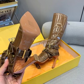 Fendi Patent Leather High Heeled Long Boots For Women Brown