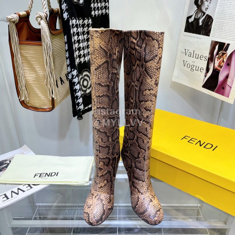 Fendi Python Leather High Heeled Long Boots For Women Brown