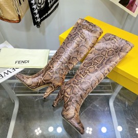 Fendi Python Leather High Heeled Long Boots For Women Brown