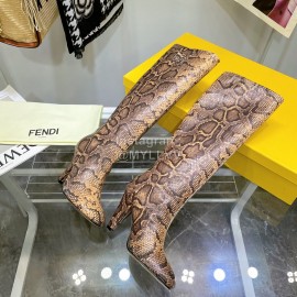 Fendi Python Leather High Heeled Long Boots For Women Brown