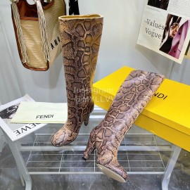 Fendi Python Leather High Heeled Long Boots For Women Brown