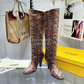 Fendi Python Leather High Heeled Long Boots For Women Brown