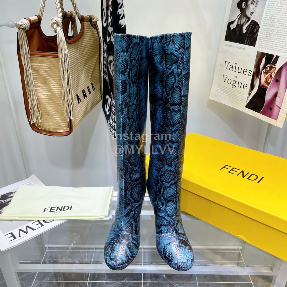 Fendi Python Leather High Heeled Long Boots For Women Blue