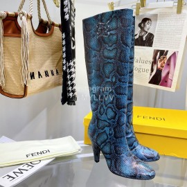Fendi Python Leather High Heeled Long Boots For Women Blue