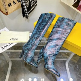 Fendi Python Leather High Heeled Long Boots For Women Blue