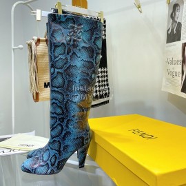 Fendi Python Leather High Heeled Long Boots For Women Blue