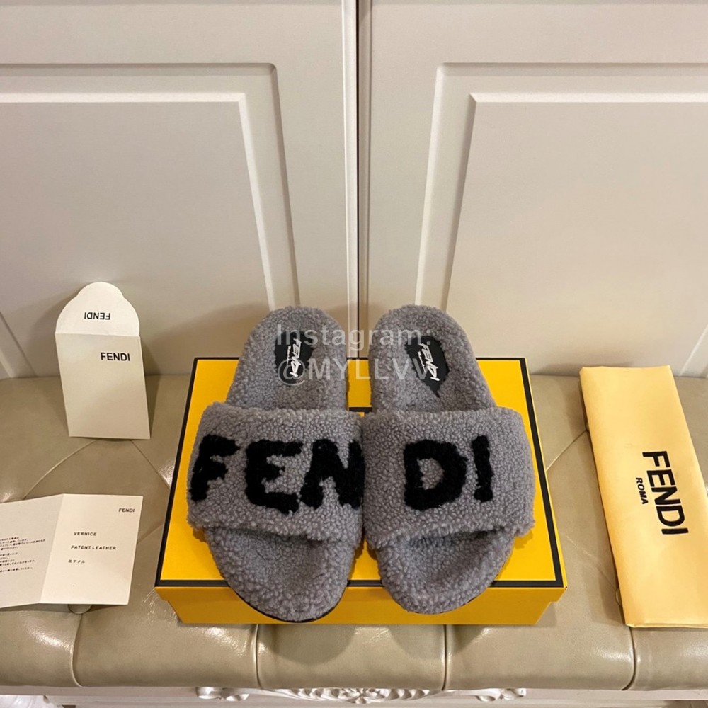 Fendi Warm Wool Slippers For Men And Women Gray