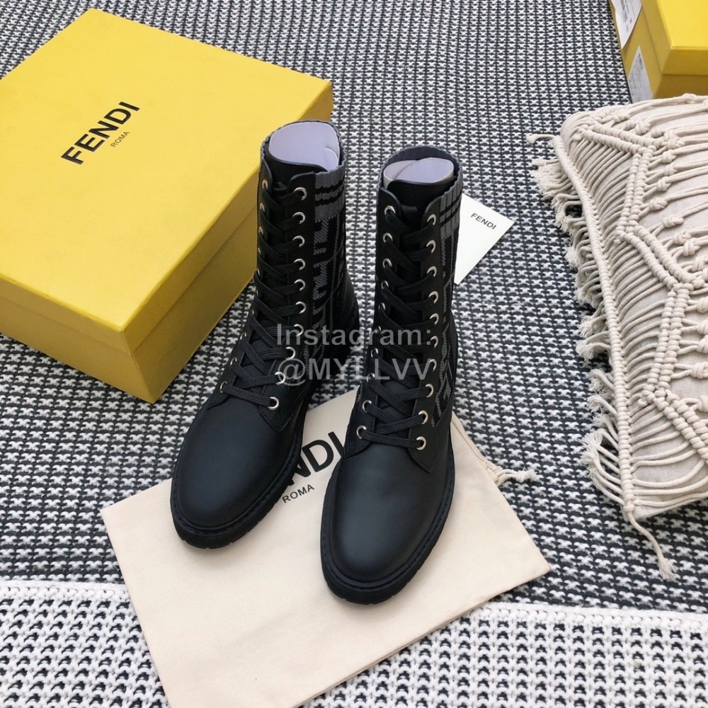 Fendi Autumn And Winter Leather Lace Up Boots For Women Gray