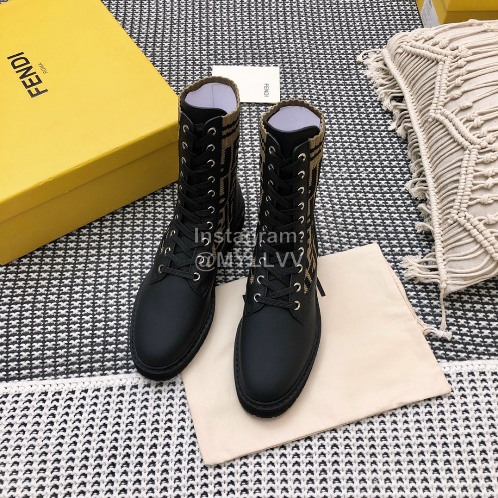 Fendi Autumn And Winter Leather Lace Up Boots For Women Beige