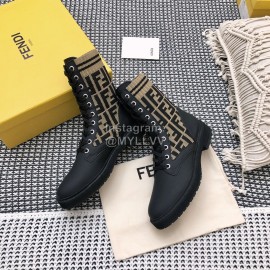 Fendi Autumn And Winter Leather Lace Up Boots For Women Beige
