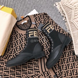 Fendi Autumn And Winter Leather Lace Up Boots For Women Black