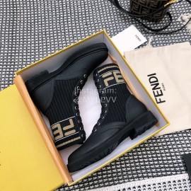 Fendi Autumn And Winter Leather Lace Up Boots For Women Black