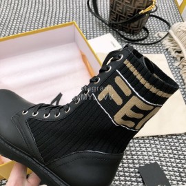 Fendi Autumn And Winter Leather Lace Up Boots For Women Black