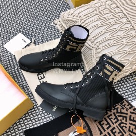 Fendi Autumn And Winter Leather Lace Up Boots For Women Black