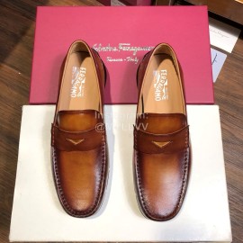 Ferragamo Calf Leather Business Shoes For Men Brown