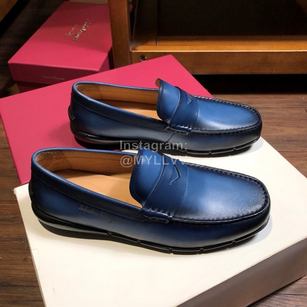 Ferragamo Calf Leather Business Shoes For Men Blue