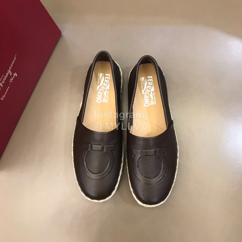 Ferragamo Summer Calf Leather Woven Sole Black Loafers For Men 