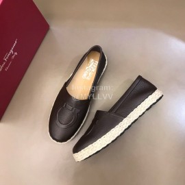 Ferragamo Summer Calf Leather Woven Sole Black Loafers For Men 
