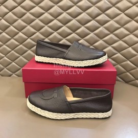 Ferragamo Summer Calf Leather Woven Sole Black Loafers For Men 