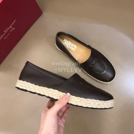 Ferragamo Summer Calf Leather Woven Sole Black Loafers For Men 