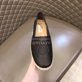 Ferragamo Summer Calf Leather Woven Sole Black Loafers For Men 