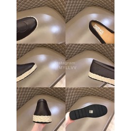 Ferragamo Summer Calf Leather Woven Sole Black Loafers For Men 