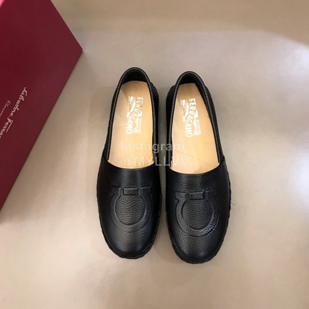 Ferragamo Summer Calf Leather Woven Sole Loafers Black For Men 