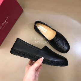 Ferragamo Summer Calf Leather Woven Sole Loafers Black For Men 