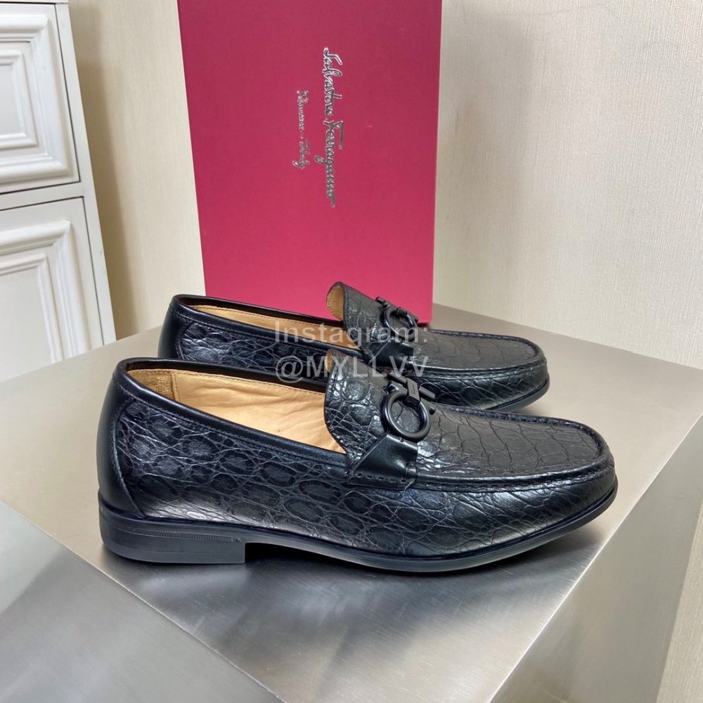 Ferragamo Black Cowhide Gancini Buckle Shoes For Men 