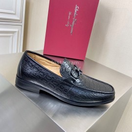 Ferragamo Black Cowhide Gancini Buckle Shoes For Men 