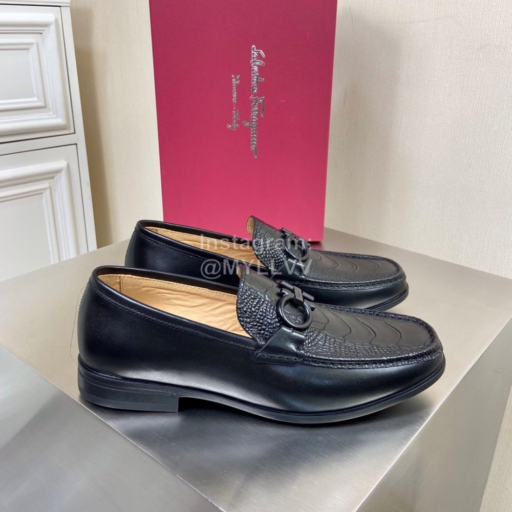 Ferragamo Crocodile Leather Gancini Buckle Shoes For Men Black