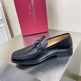 Ferragamo Crocodile Leather Gancini Buckle Shoes For Men Black