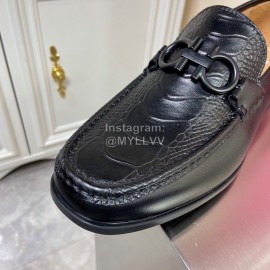 Ferragamo Crocodile Leather Gancini Buckle Shoes For Men Black