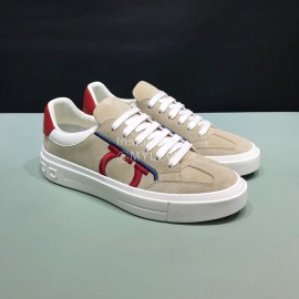 Ferragamo Calf Leather Casual Sneakers For Men Khaki
