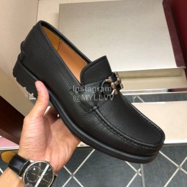 Ferragamo Oil Waxed Calf Leather Gancini Buckle Shoes For Men Black