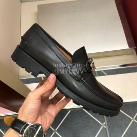 Ferragamo Black Oil Waxed Calf Leather Gancini Buckle Shoes For Men