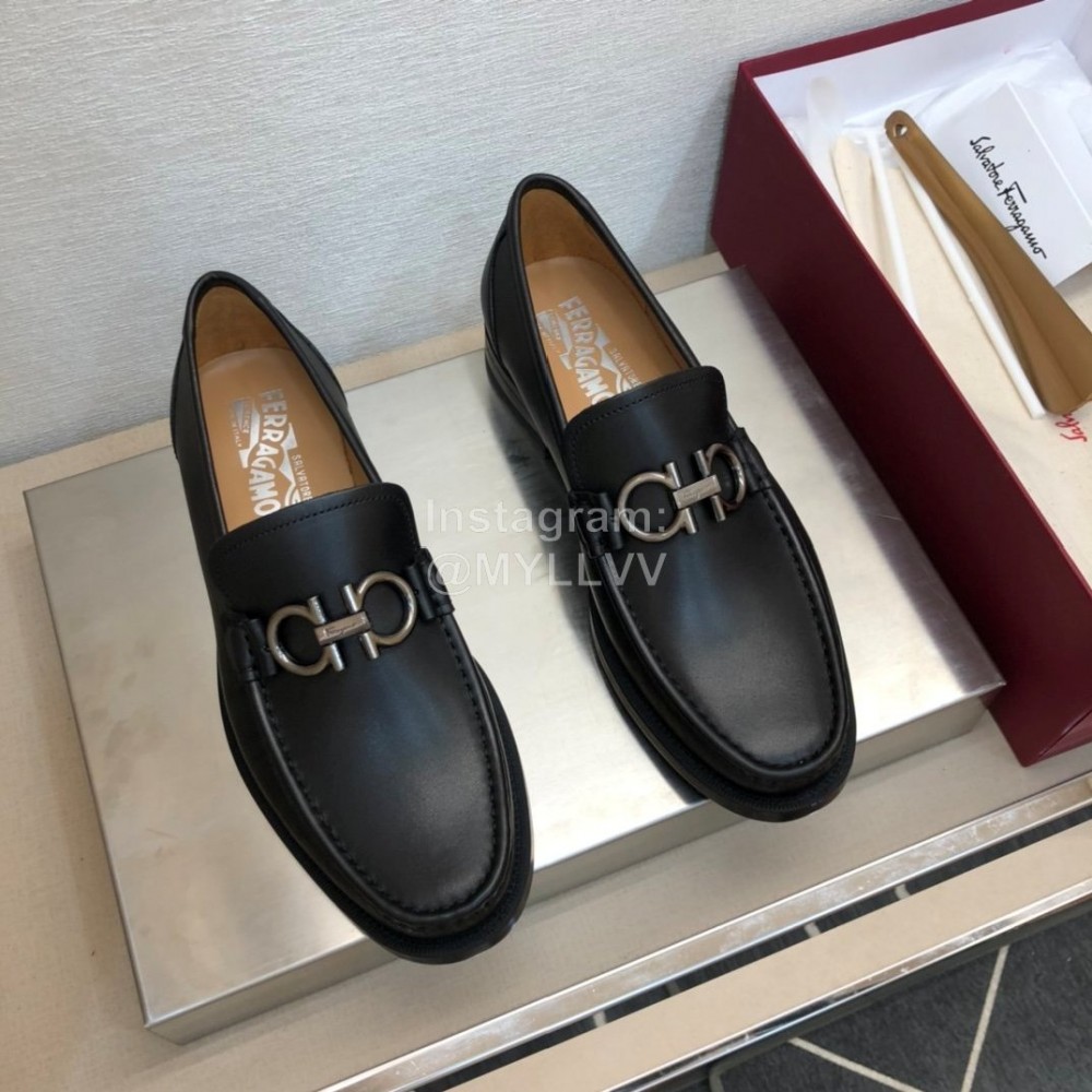 Ferragamo Calf Leather Gancini Buckle Shoes For Men Black